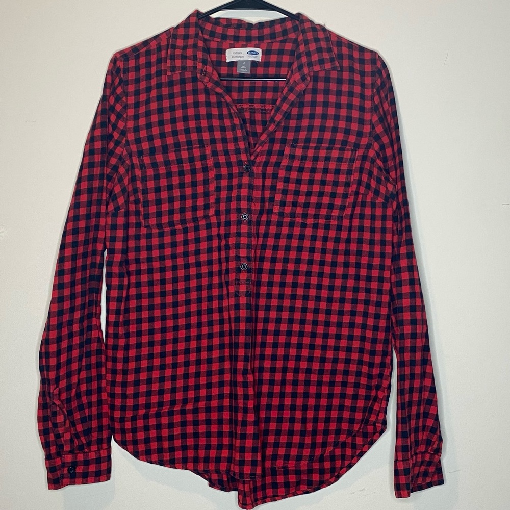 Old navy, red and black checkered button down flannel top
